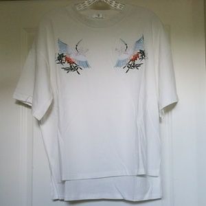 Embroidered Crane Oversized White T Shirt